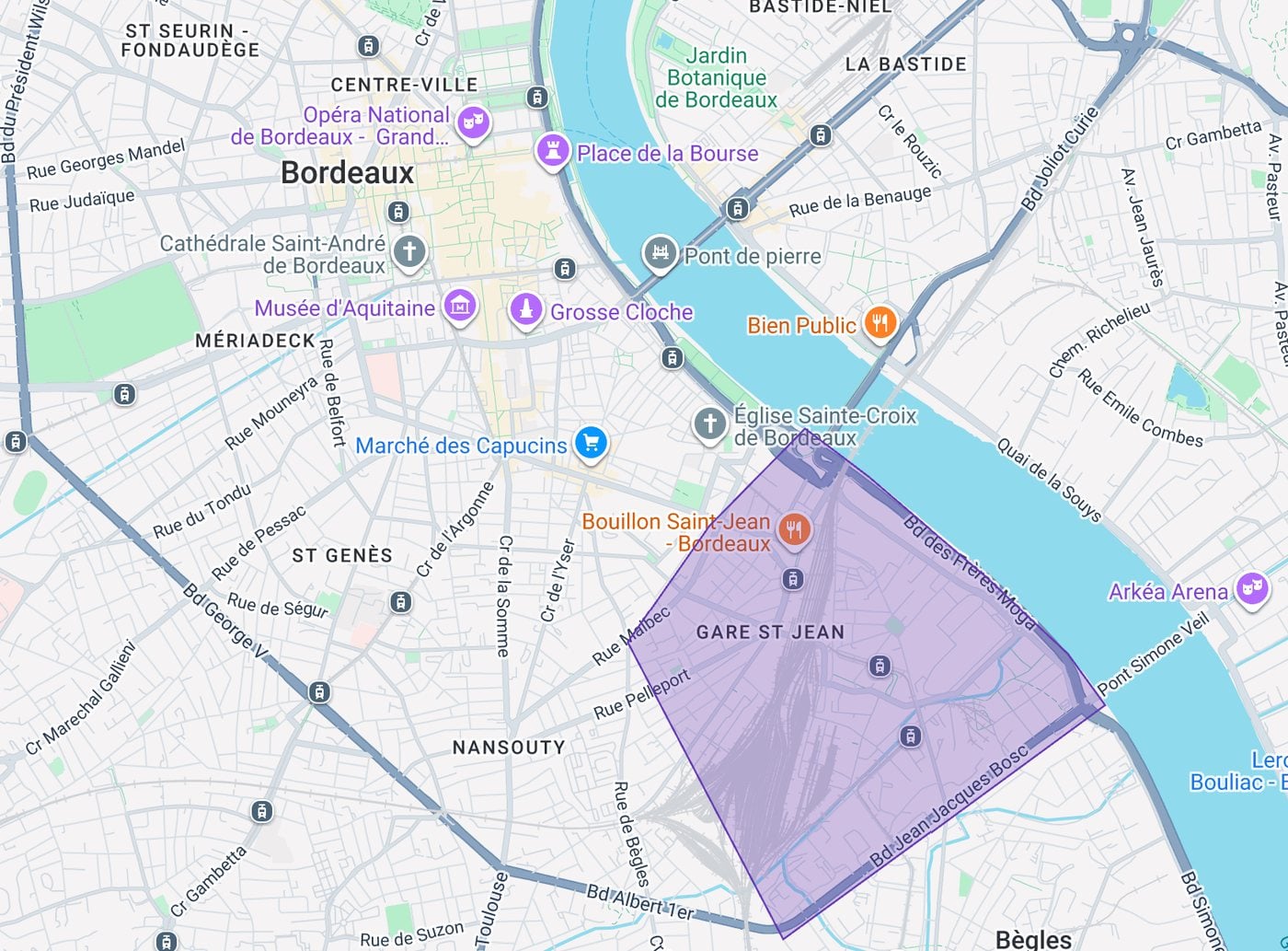 Carte du sud de Bordeaux : la zone violette, autour de la gare Saint-Jean, couvre Belcier, Sainte-Croix, Carle Vernet et la partie proche de Nansouty.