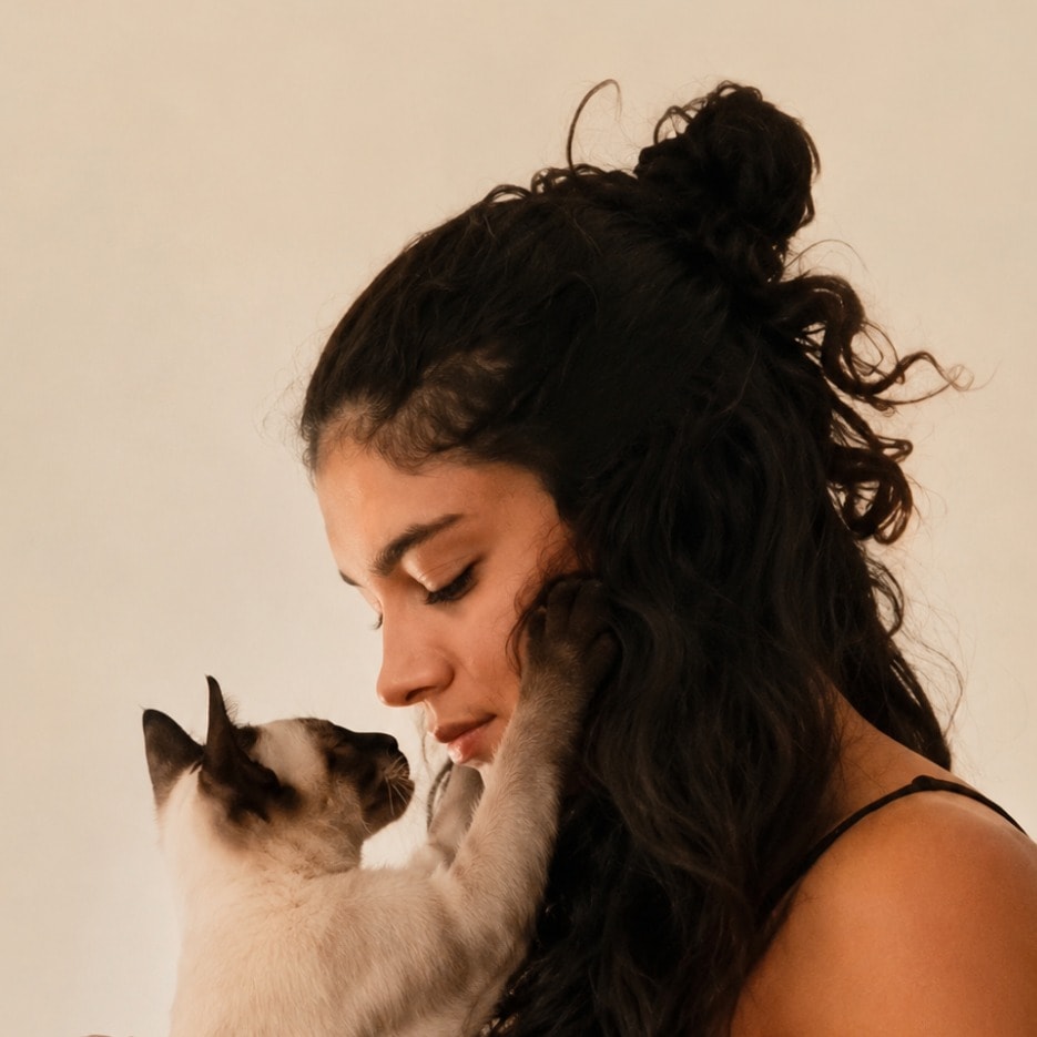 Claudia, fondatrice de Nova Pets, un chat dans les bras